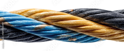 Close-up of a twisted rope with alternating bands of blue, yellow, and dark-gray