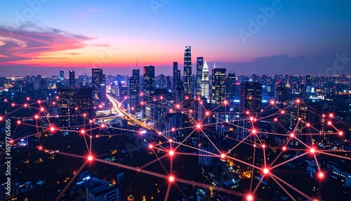 Connected cityscape with digital red node overlay at sunset
