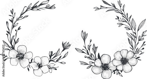 Elegant hand drawn floral wreaths with delicate blossoms and greenery on white background