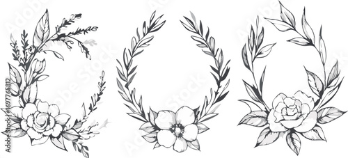 Three delicate hand drawn floral wreaths with botanical leaves and flowers in a sketch style