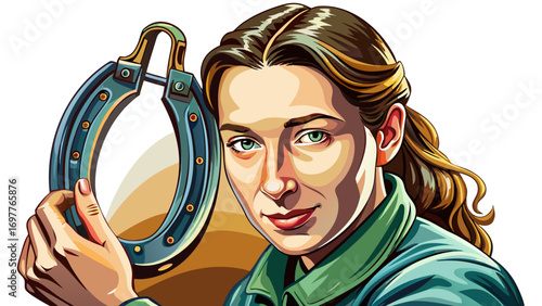 
Close-up portrait of female farrier holding a polished horseshoe. White background highlights experience, craftsmanship, and animal care.