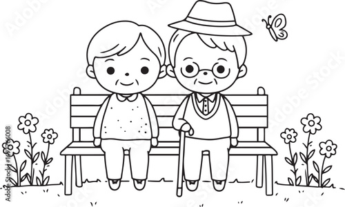 Sweet elderly couple sitting on a park bench. International Day of Older Persons