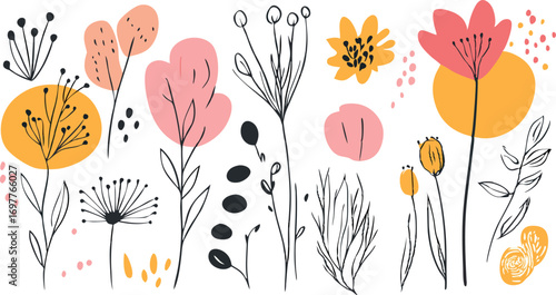 Whimsical hand drawn floral illustration with abstract shapes and vibrant colors on white background