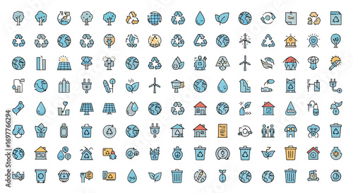 Eco-friendly icon pack with outline symbols for sustainability, green energy, and environmental conservation concepts