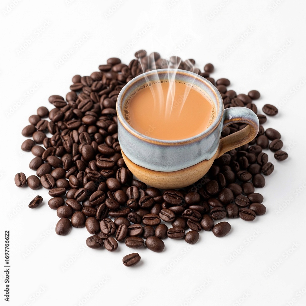 Fototapeta premium Enjoy a steaming cup of delicious coffee, surrounded by rich aromatic beans on a bright white surface