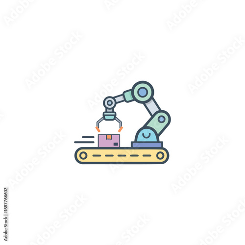 Robotic arm lifting a box on a conveyor belt, automated process, industrial automation.