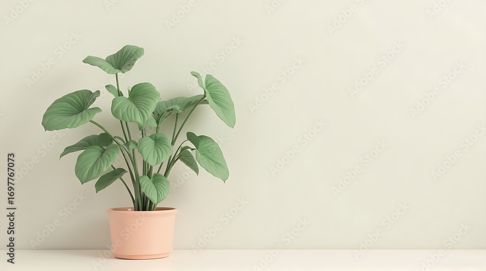 Fototapeta premium Minimalist Potted Plant with Green Leaves on Light Cream Background