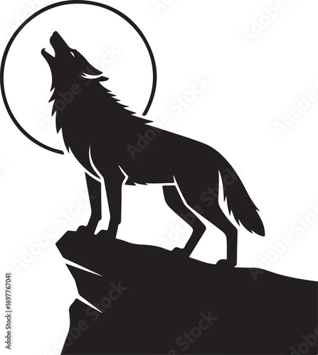 Black silhouette of a wolf howling at the moon on a cliff rock