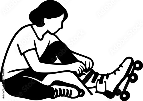 Minimal black and white vector of a person putting on roller skates, clean design, perfect for sports, lifestyle, and preparation-themed graphics or posters.