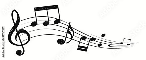 Musical note. Staff treble clef notes musician concept vector isolated on transparent background. Illustration of music sound, tune bass treble, vector illustration.