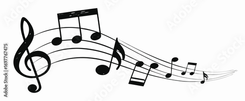 Musical note. Staff treble clef notes musician concept vector isolated on transparent background. Illustration of music sound, tune bass treble, vector illustration.