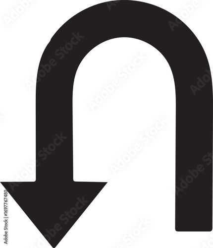 Black U-turn arrow symbol with a pointed arrowhead pointing downwards on a white background direction