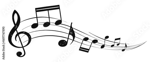 Musical note. Staff treble clef notes musician concept vector isolated on transparent background. Illustration of music sound, tune bass treble, vector illustration.