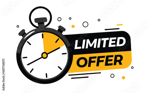 Limited offer with clock for promotion, banner, price. Super promo with countdown or exclusive deal. Last minute offer one day sales and timer. Last minute .