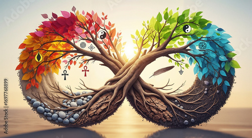 Colorful infinity trees representing balance and harmony in nature  