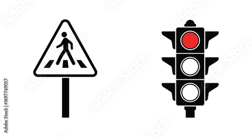 a pedestrian crossing sign next to traffic light