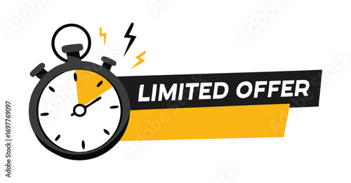 Red limited offer hurry up with clock for promotion, banner, price. Label countdown of time for offer sale or exclusive deal. Alarm clock
