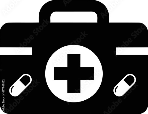 Simple first aid kit bag symbol with cross and pills icon
