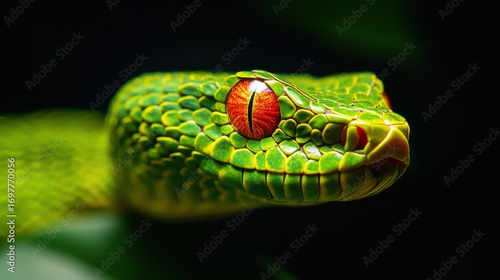 Fototapeta premium Green snake with red eye close up dangerous reptile predator nature wildlife exotic animal jungle background