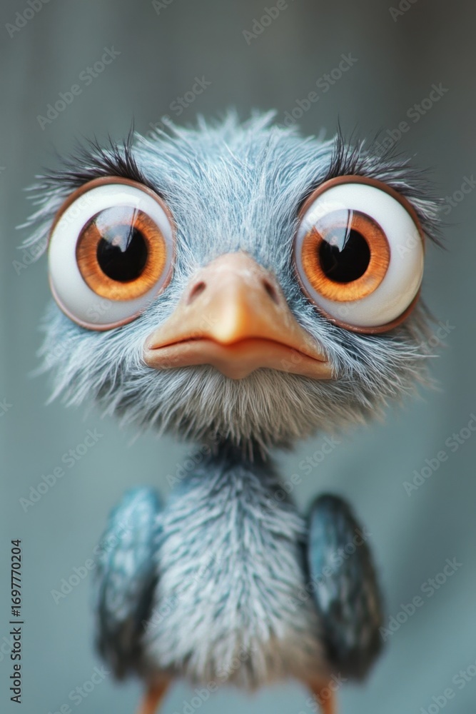 Fototapeta premium Funny cartoon bird with big eyes looking forward cute animal character feather portrait isolated background