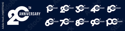 collection anniversary 10 to 100 year logo designs. abstract number for celebration event, wedding, greeting card, and invitation, vector illustration