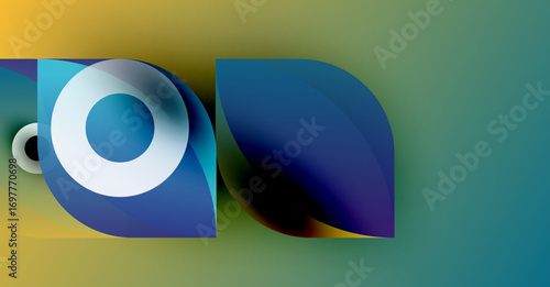 Abstract shapes overlap, creating vibrant color gradients. Blue, yellow, teal dominate composition. Modern design suggests technology or innovation.