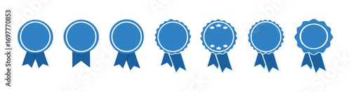 blue ribbon and banner. set of premium quality and guarantee labels isolated on white background. 
