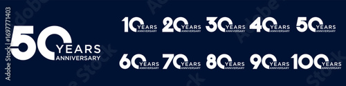 collection anniversary 10 to 100 year logo designs. abstract number for celebration event, wedding, greeting card, and invitation, vector illustration