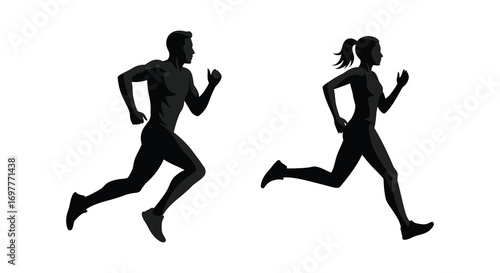 a man and woman running side by side in silhouette