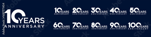 collection anniversary 10 to 100 year logo designs. abstract number for celebration event, wedding, greeting card, and invitation, vector illustration
