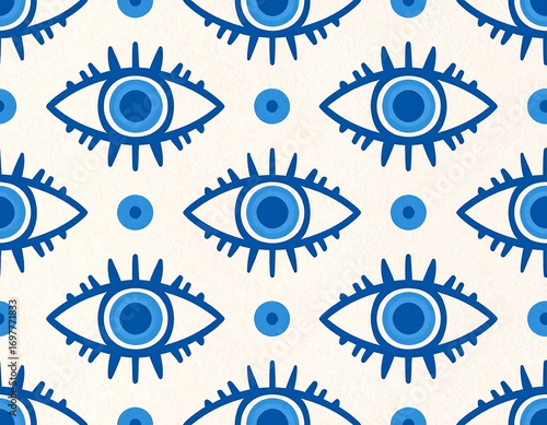 Repeating pattern of stylized blue eyes on a light beige background