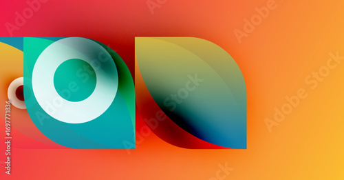 Abstract shapes overlap, vibrant colors blend. Gradient hues create dynamic visual effect. Modern design, smooth transitions present.