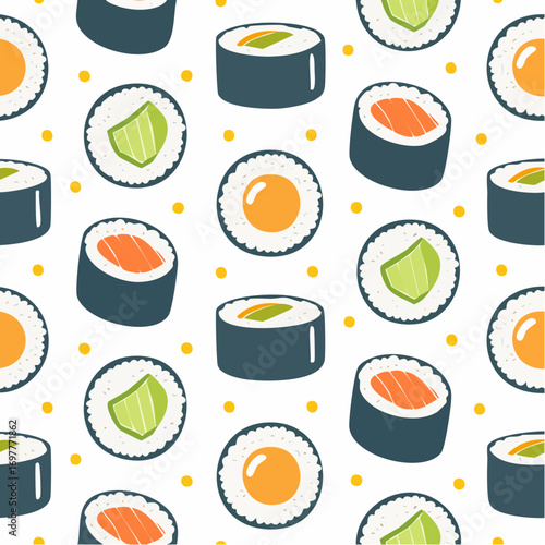 Flat Vector Seamless Background of Kimbap Slices Including Rice, Egg, Carrot, and Cucumber Fillings