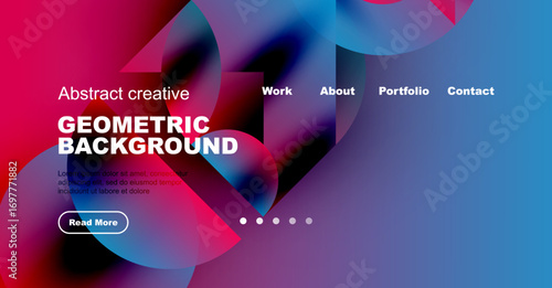 Vibrant abstract design. Geometric shapes blend with purple, blue, pink hues. Website header includes navigation options, text content.