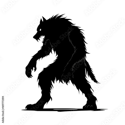 Ferocious werewolf silhouette in aggressive stance, isolated on transparent background