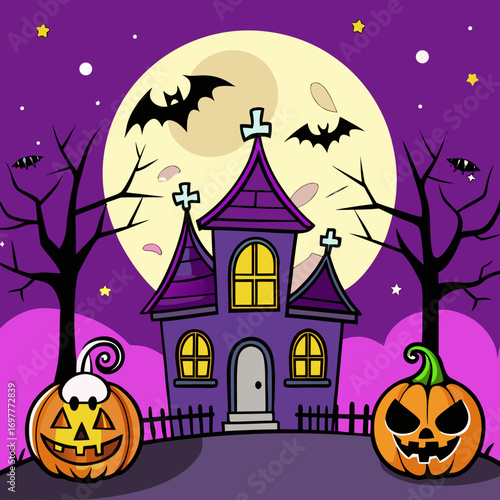 "Spooky Halloween Vector Background with Haunted House, Pumpkins, and Full Moon"