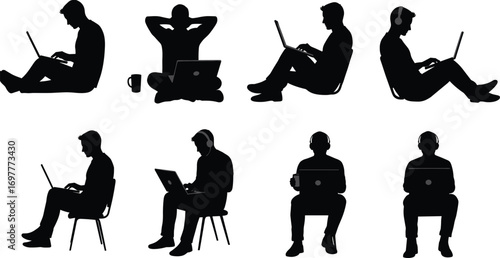 Silhouette People Working on Laptops in Casual Poses, Remote Work, Freelancing, and Online Study Concept Vector Illustration Set