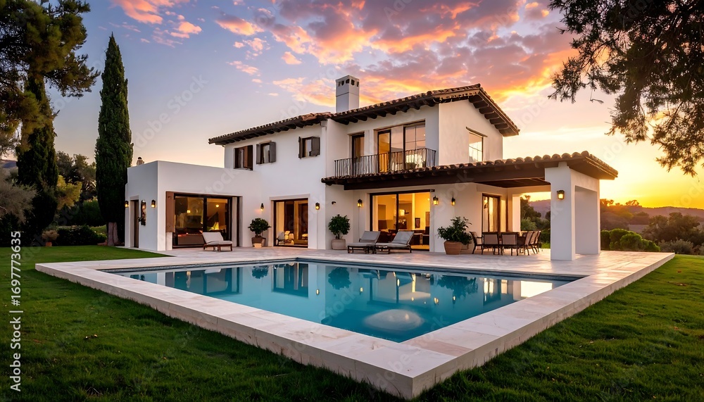 Fototapeta premium Modern villa with pool at sunset