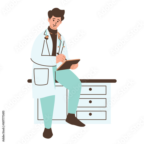 Illustration of an Veterinary Doctor and Nurse sitting on examining table