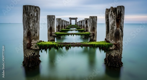 Weathered, algae-covered posts of a ruined pier stand silently in the calm, clear sea, telling a story of time and nature's reclamation.