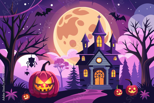 "Spooky Halloween Vector Background with Haunted House, Pumpkins, and Full Moon"