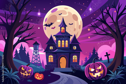 "Spooky Halloween Vector Background with Haunted House, Pumpkins, and Full Moon"