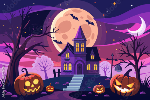 "Spooky Halloween Vector Background with Haunted House, Pumpkins, and Full Moon"