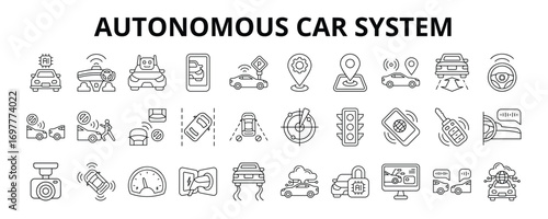 30 Autonomous Car System Line Icons Vector - Artificial Intelligence Car, GPS, Steering Assistant, Pedestrian Detection, Range Radar, Remote Access, Car IT Security