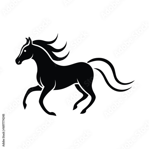 Dynamic black silhouette of a horse in full gallop with flowing mane