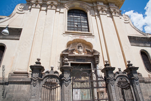 Frontage and portal of the Monumental Church of Saints Severino and Sossio in the former lower Documani district of the historic centre.  Naples, Italy.