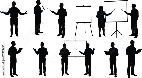 Silhouette Presenter and Speaker Vector Set – Business Presentation, Training, Teaching, Public Speaking, Meeting, Lecture Illustration Elements