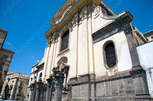 Monumental Church of Saints Severino and Sossio in the  historic centre. Frontage and portal of the most big monastic complex of Napoli, Naples, Italy.