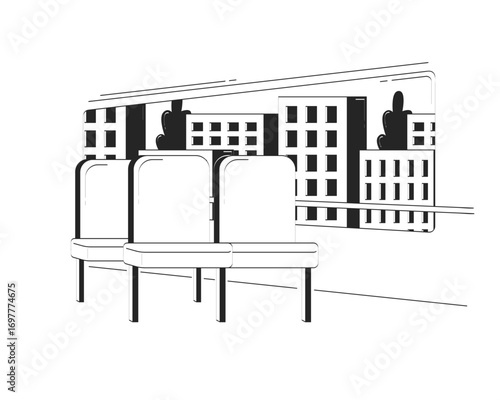 Empty seats by window on city bus doodle lineart illustration. Public transport interior. Urban commute indoor view 2D line ink background isolated on white. Monochrome vector outline hand-drawn