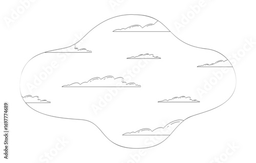 Scattered soft clouds on sky irregular shape doodle lineart illustration. Cloudscape atmosphere. Weather, travel, dream 2D line ink background isolated on white. Monochrome vector outline hand-drawn